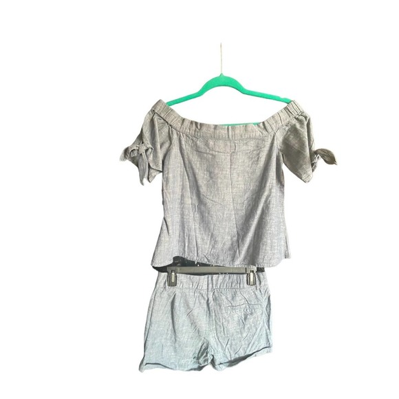 NWT Womens Crop Top & Short 2Pc Set Floral Embroidery Tie-Sleeve Size XS Blue - Picture 2 of 12